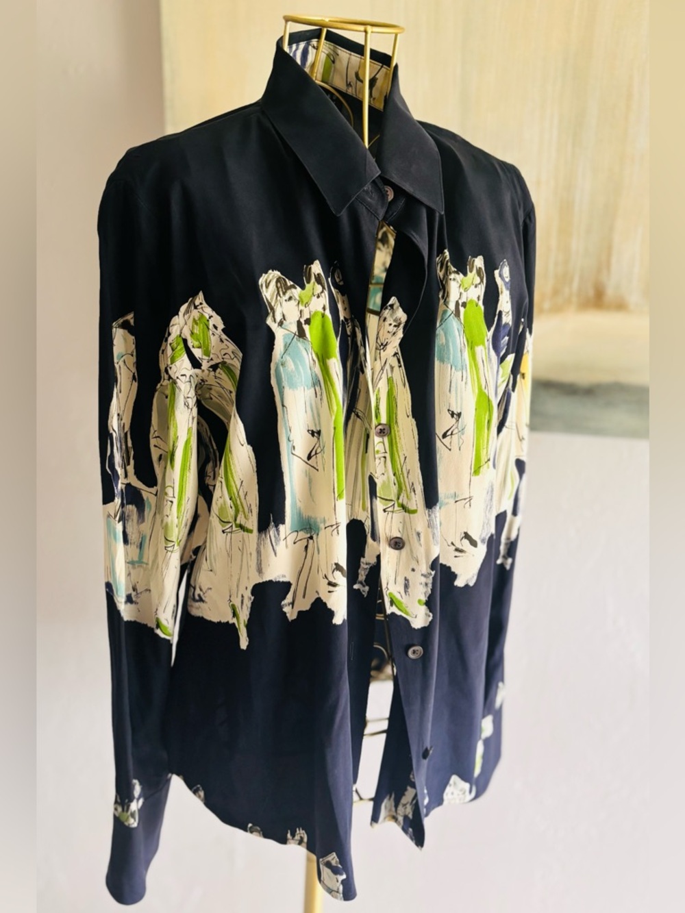 Linda Allard Ellen Tracy Silk Blouse Size 10 Abstract Print Navy Green - Picture 7 of 8